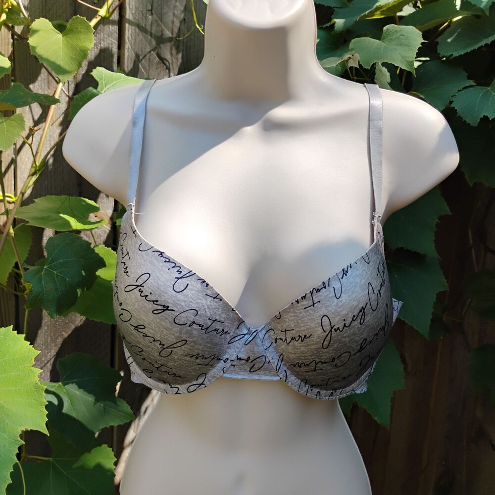 Juicy Couture Push Up Bra 36C Gray White Logo Script Print Underwire T-Shirt Bra